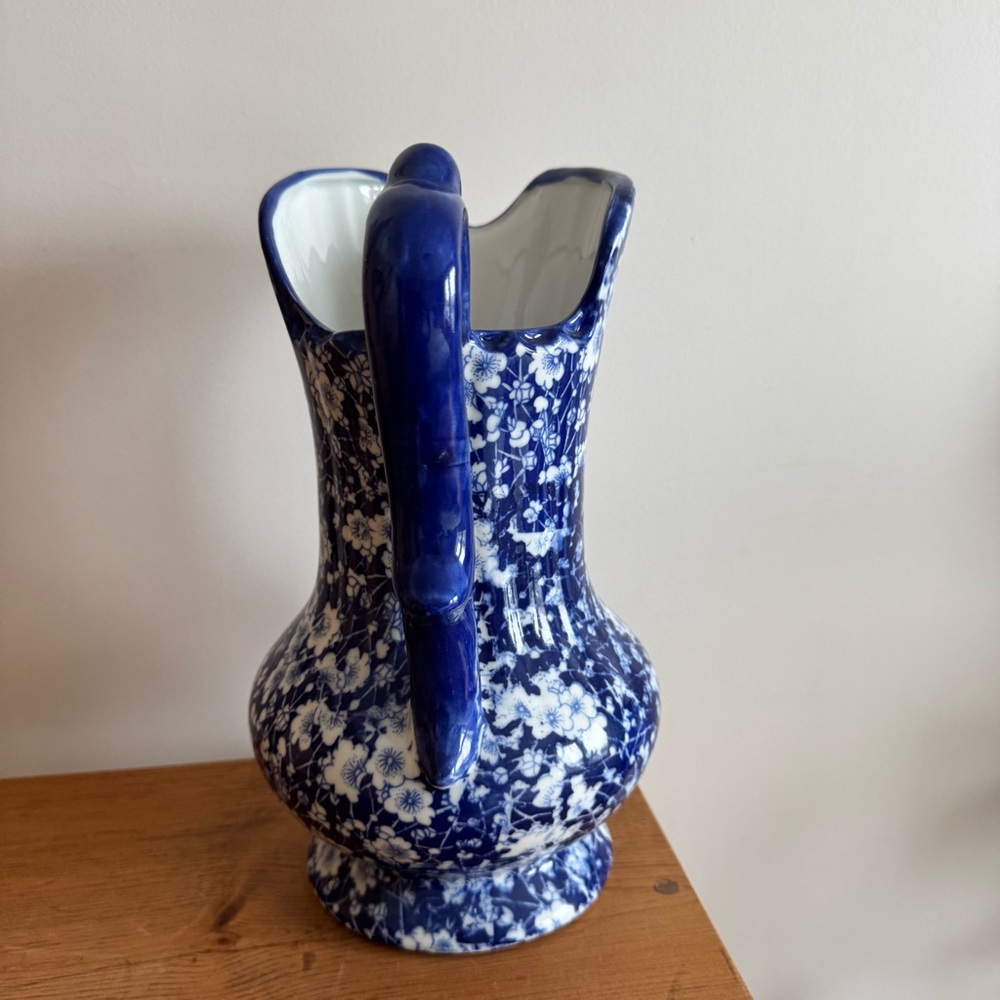Antique Victoria Ware Ironstone Pitcher and Basin Blue Cobalt Floral Decor Bath - Picture 2 of 10